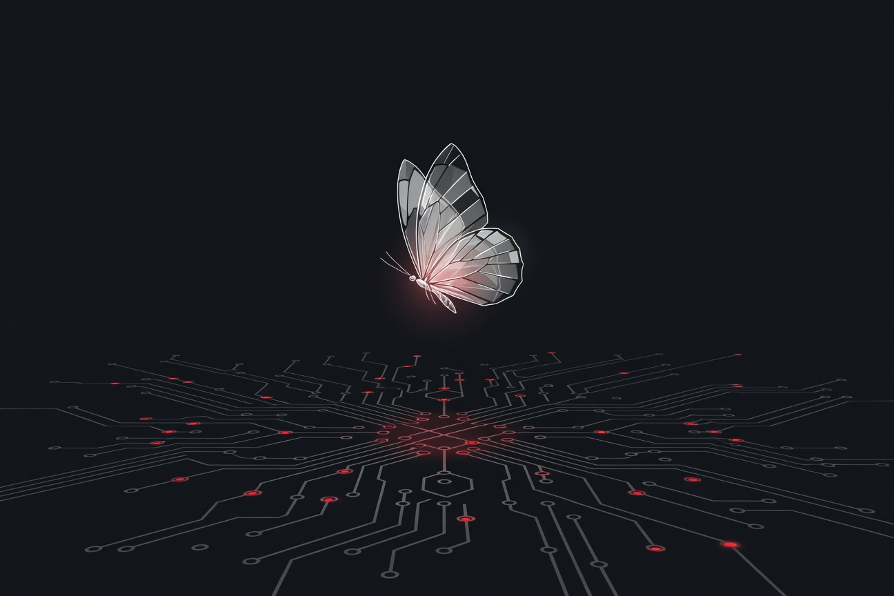 A luminous glass butterfly hovering over a dark matrix of interconnected circuit nodes, symbolizing fragile security and AI power