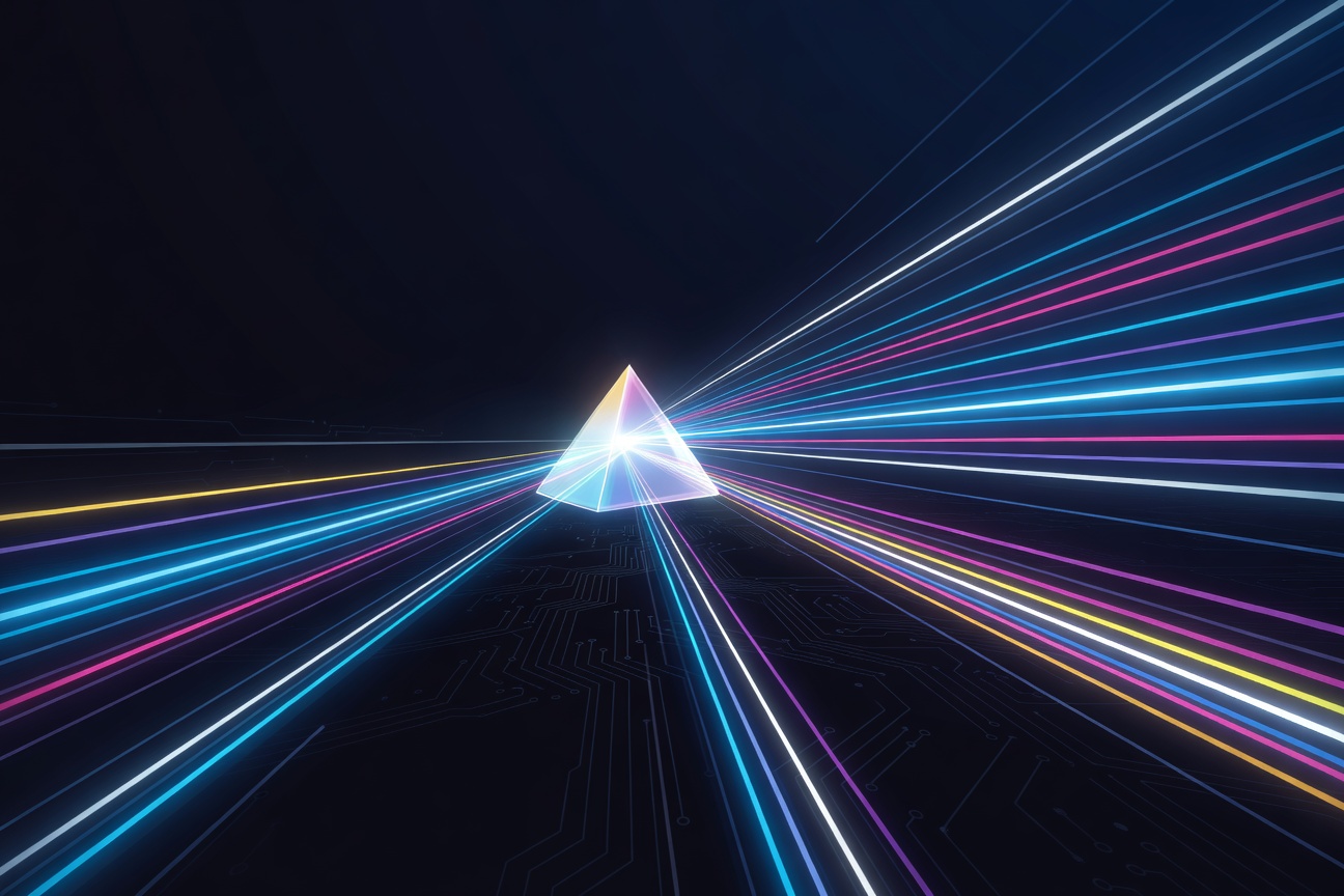 A glowing crystalline neural prism refracting beams of code into a spectrum of colors against a dark background