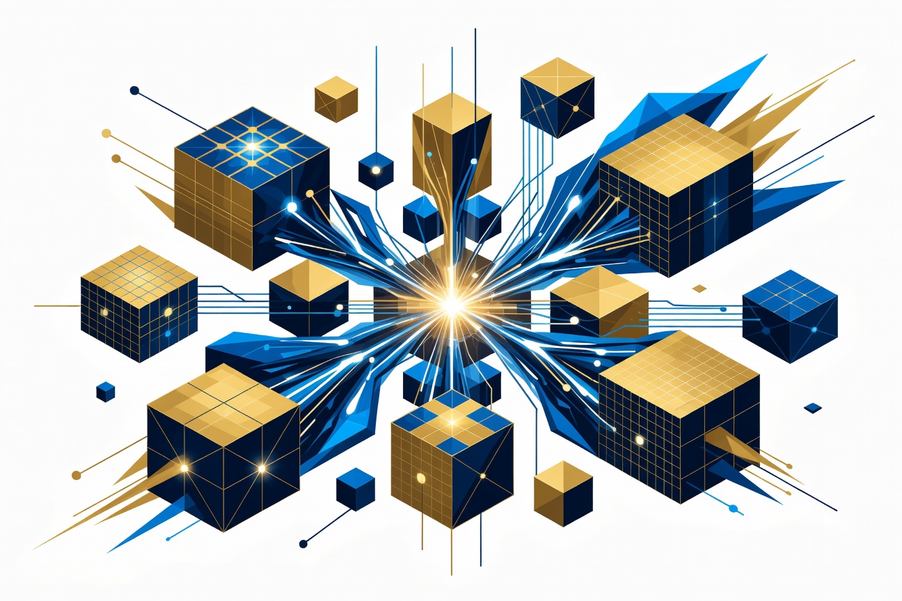 Abstract gold and blue geometric shapes forming an AI circuit pattern overlaid on a stylized skyline, representing AI infrastructure entering the financial sector