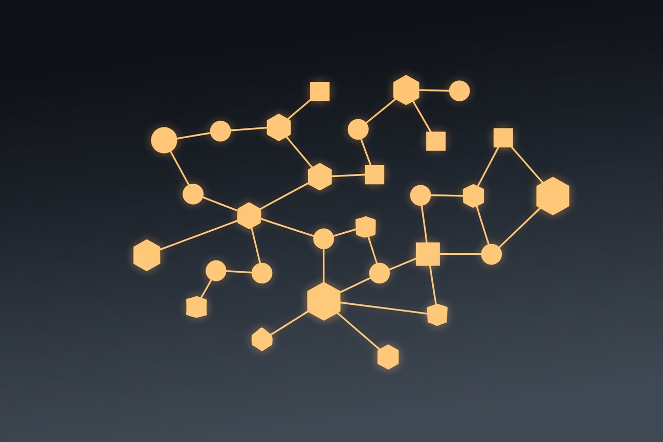 Interconnected geometric nodes forming a partnership network with glowing edges on a dark background