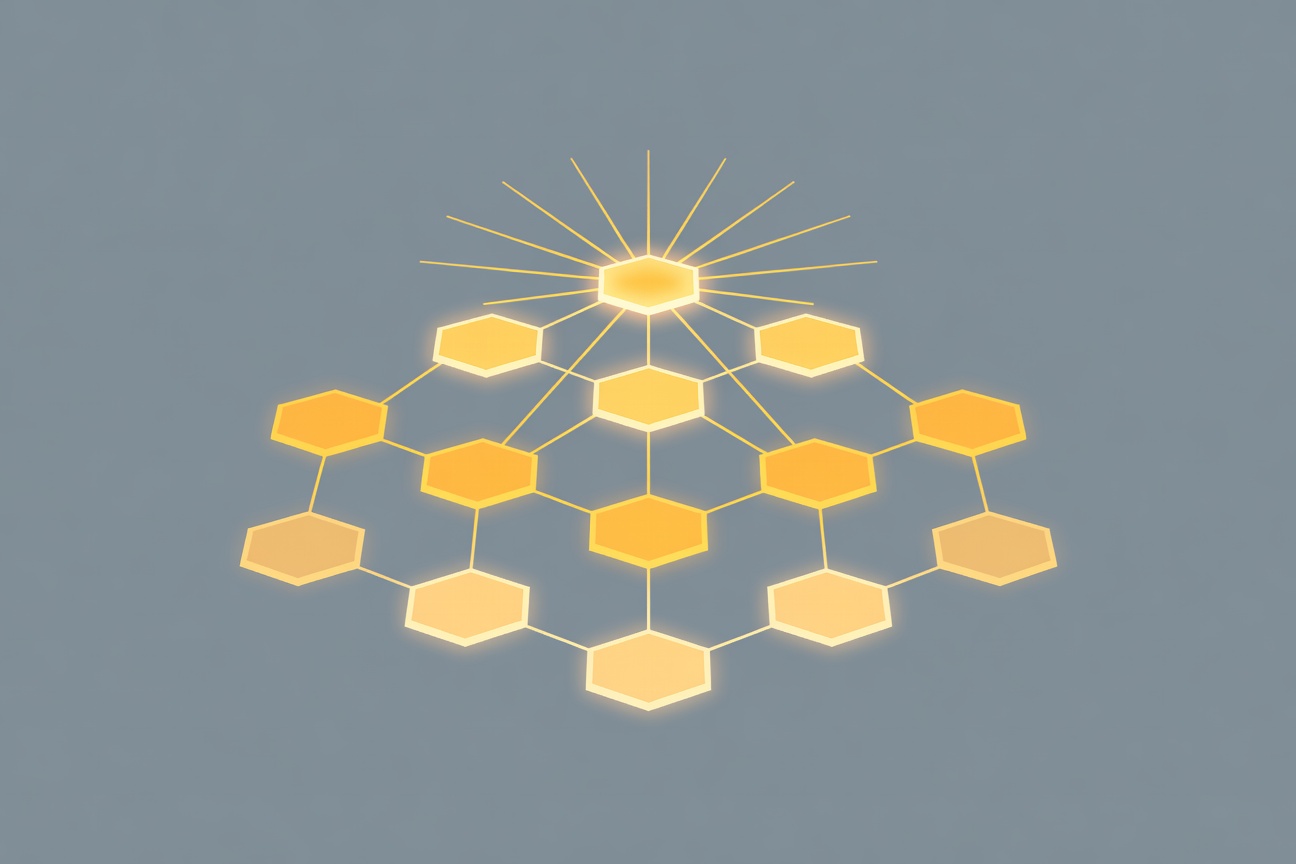 Three ascending tiers of interconnected hexagonal nodes with a central hub glowing at the top