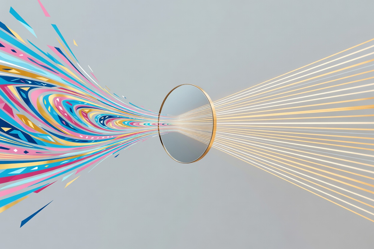 Abstract visualization of usage data flowing through a reflective lens, with colorful data streams forming patterns around a central focal point