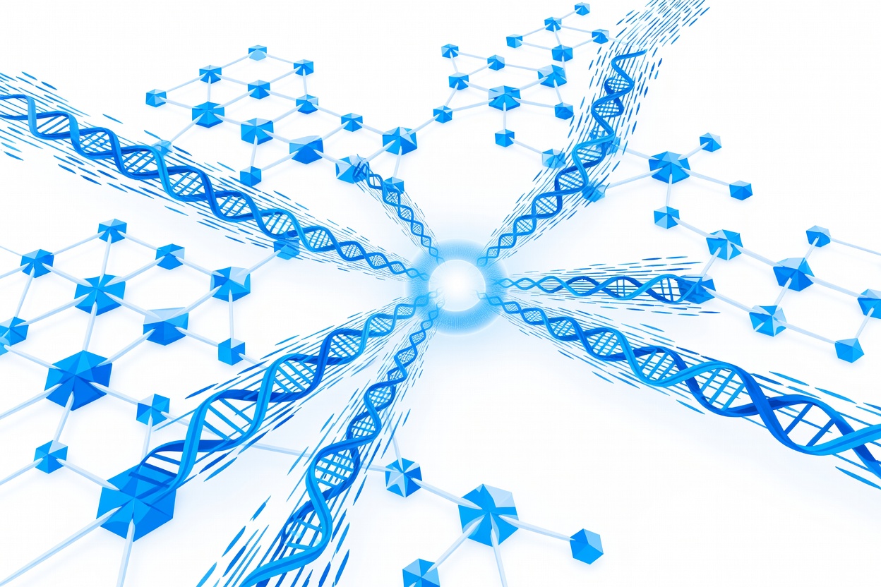 An abstract scientific lattice of interconnected nodes — genomic helices, molecular structures, and code fragments flowing into a central glowing orb, representing unified scientific AI