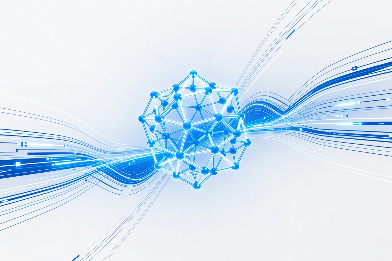 Abstract molecular lattice structure glowing with data streams, representing AI-driven drug discovery at the molecular level