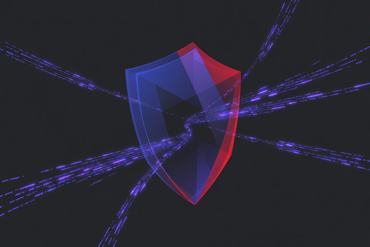 Abstract shield shape with flowing code streams and geometric data structures in deep blue and violet tones
