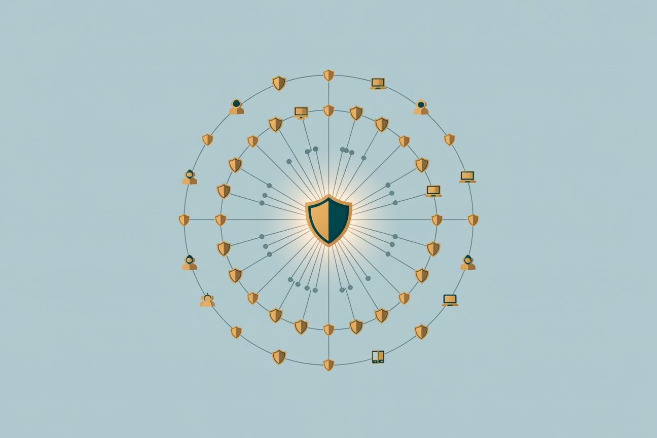 A glowing shield surrounded by connected nodes and lock icons representing enterprise security and AI governance