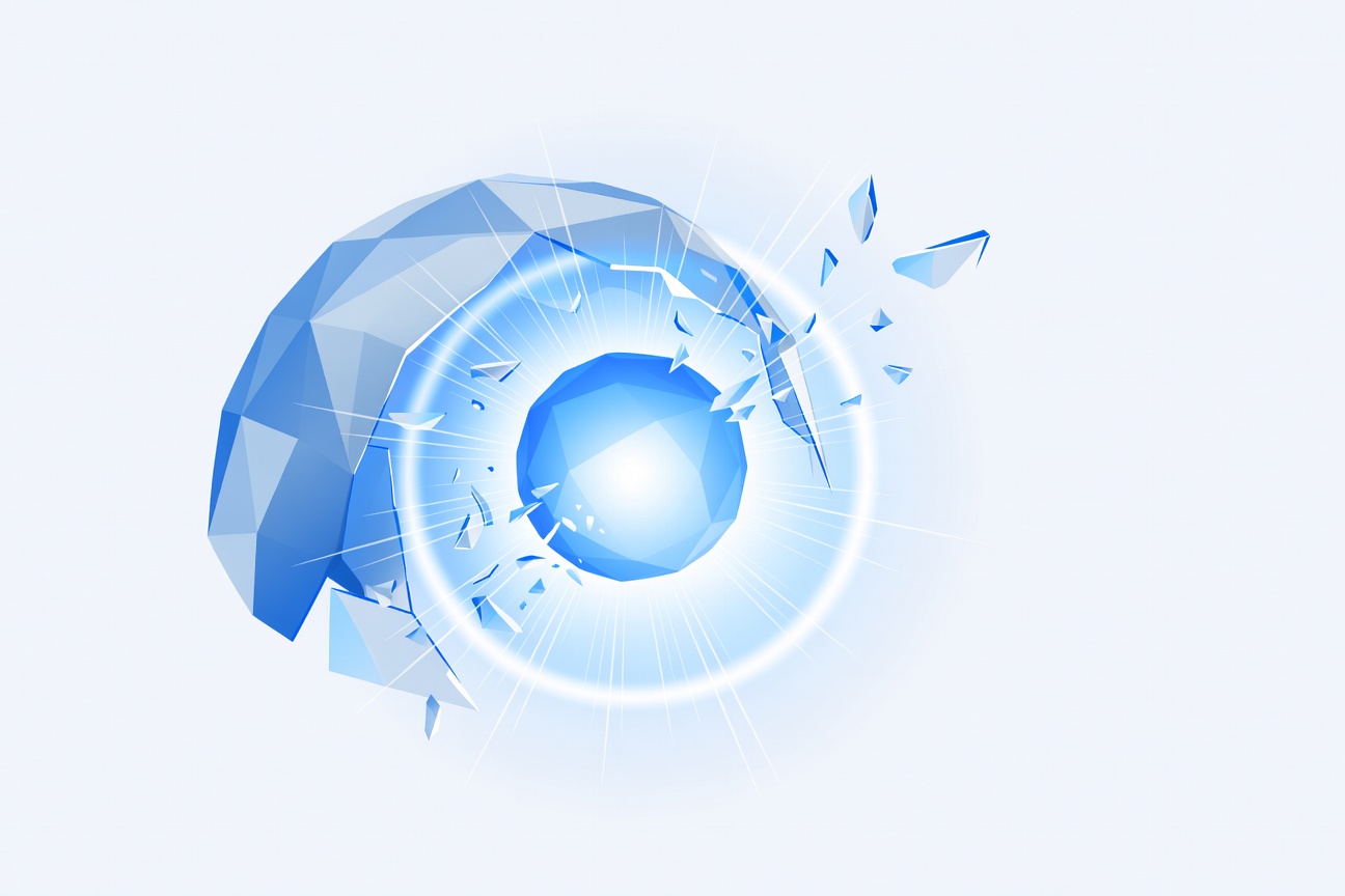 Abstract glowing orb breaking through a translucent containment barrier, signifying restricted power being released to the open world