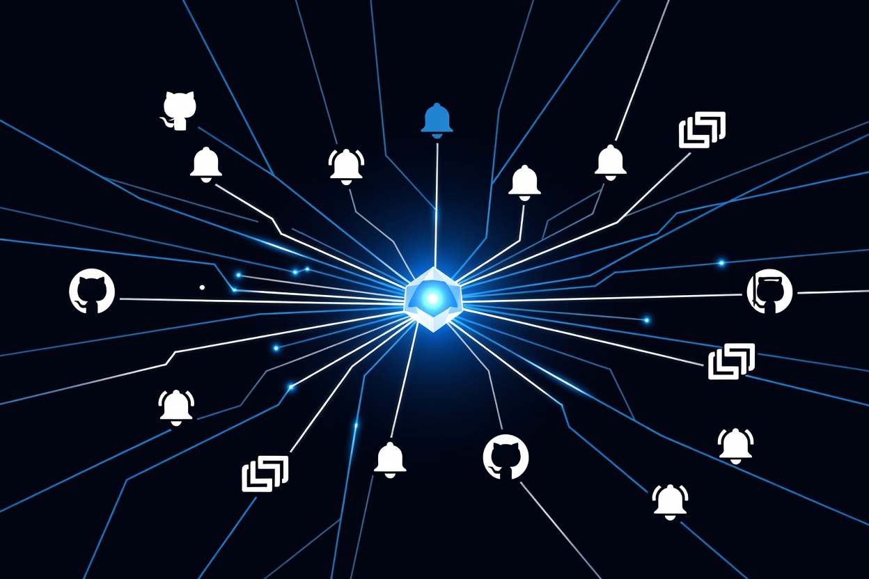 A glowing webhook node in a dark circuit network, threads of light radiating outward connecting to GitHub, browser, and notification icons — all pulsing without human hands