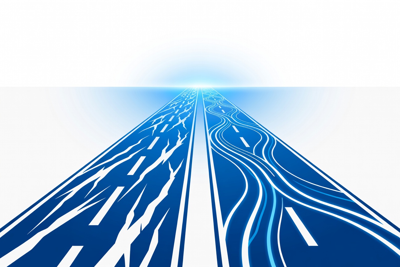 Two parallel roads converging at a horizon, one labeled with a claw mark and the other with a glowing Conway circuit pattern