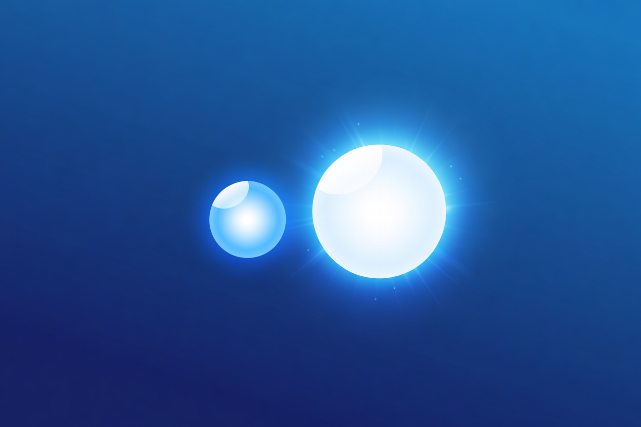 Two abstract glowing orbs of different sizes side by side — one representing a coding tool, one larger representing a general-purpose agent — floating against a dark blue gradient