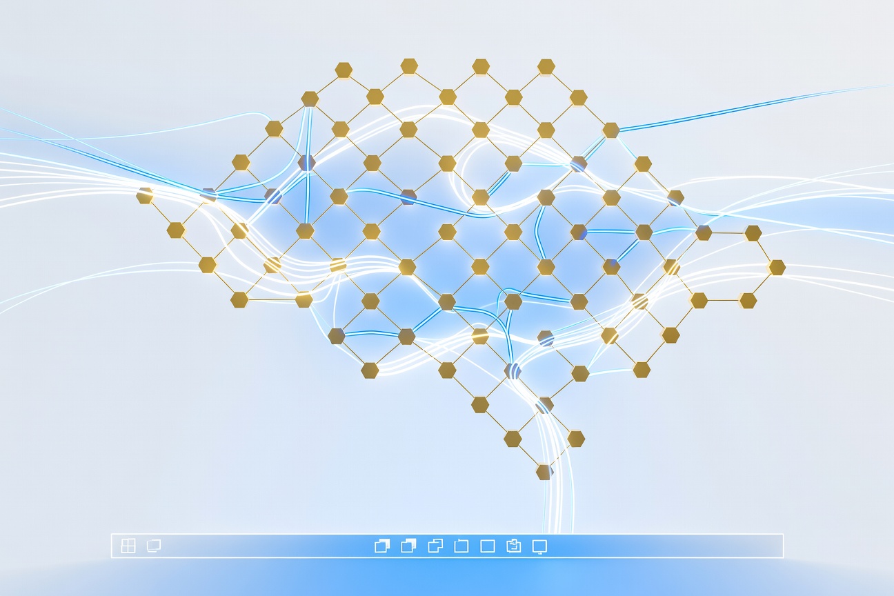 An abstract golden hexagon network hovering above a stylized Windows taskbar, with flowing light lines suggesting automated task orchestration