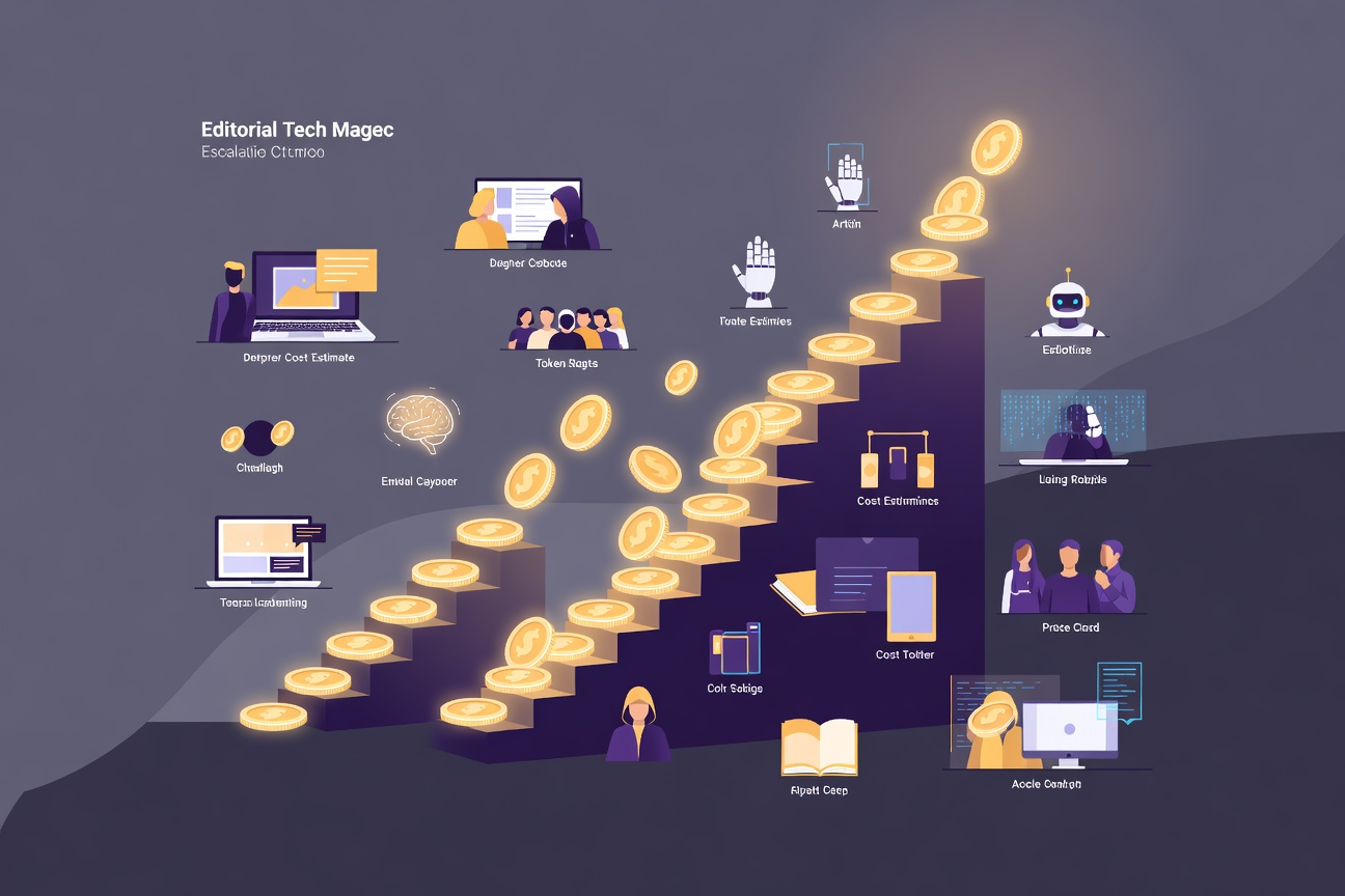 Abstract upward price chart rendered as glowing token coins cascading in a spiral, deep purple background with gold highlights