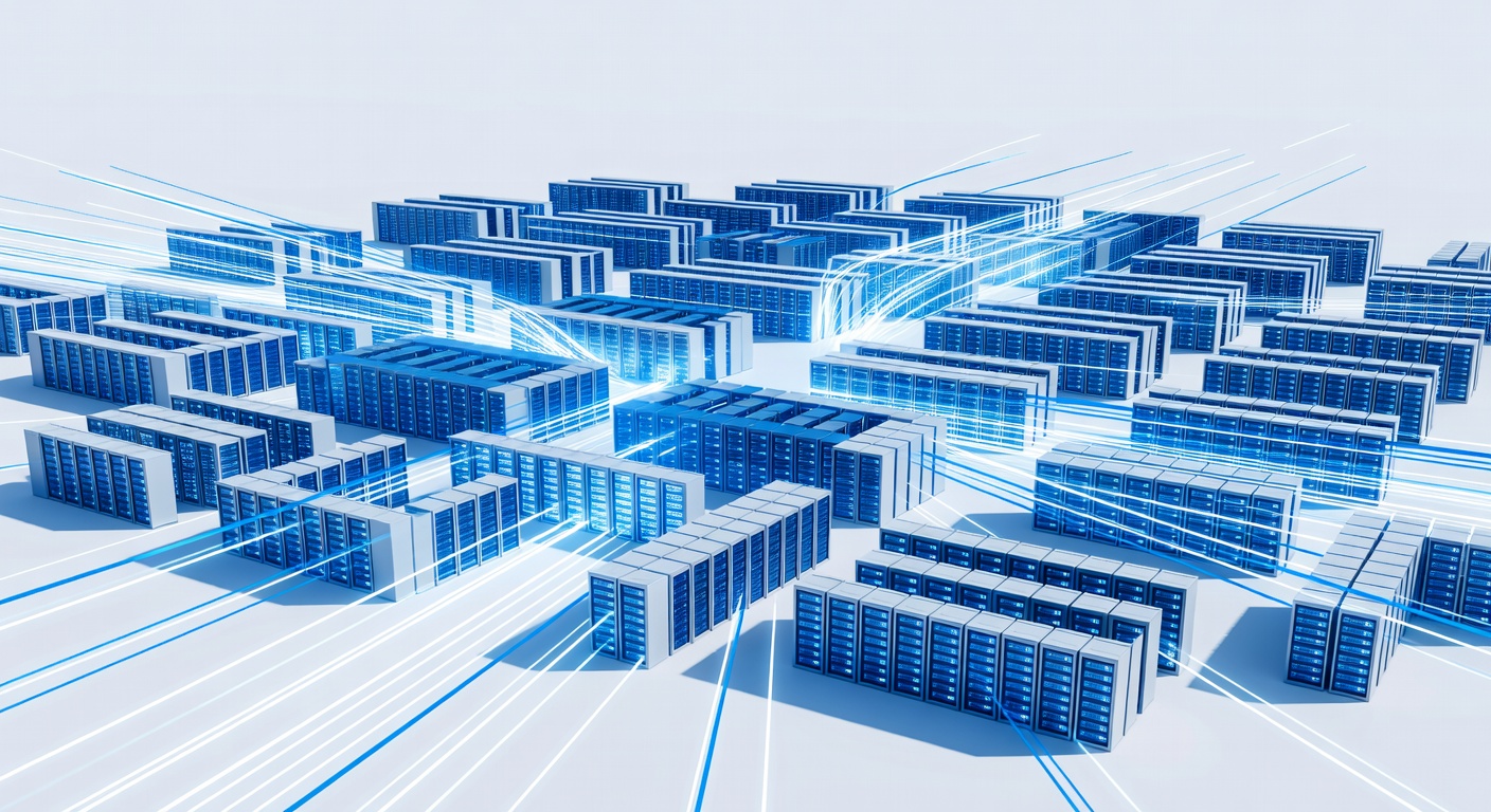 Vast GPU data center in Memphis glowing with blue-white light, orbital view of SpaceX rockets connecting to cloud infrastructure