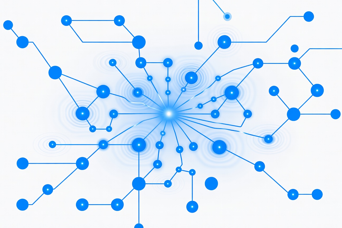 Abstract glowing neural network nodes with dream-like rippling memory waves converging into a single bright point