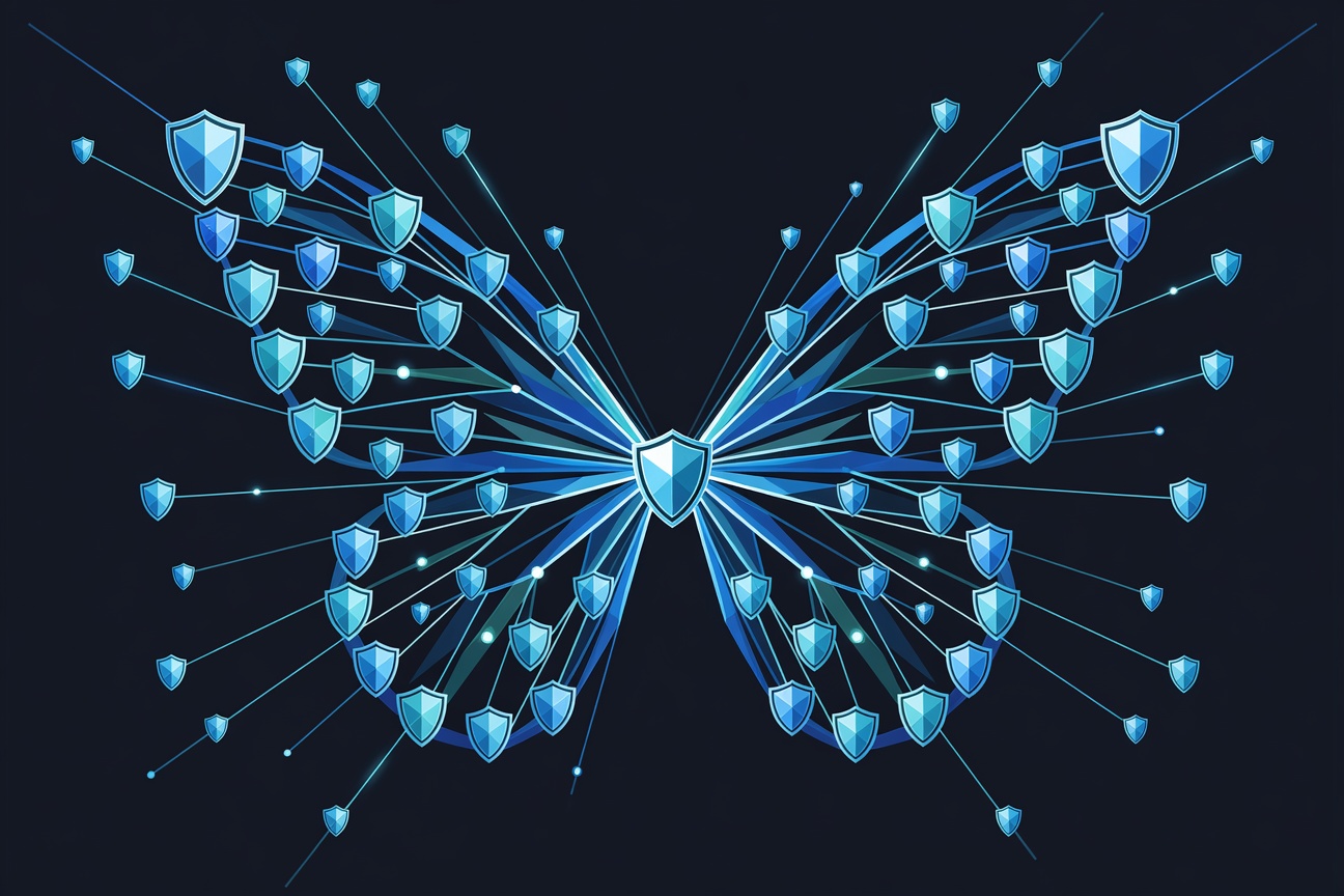 Abstract crystalline butterfly wing pattern made of interconnected security shield nodes glowing in cool blue against a dark background