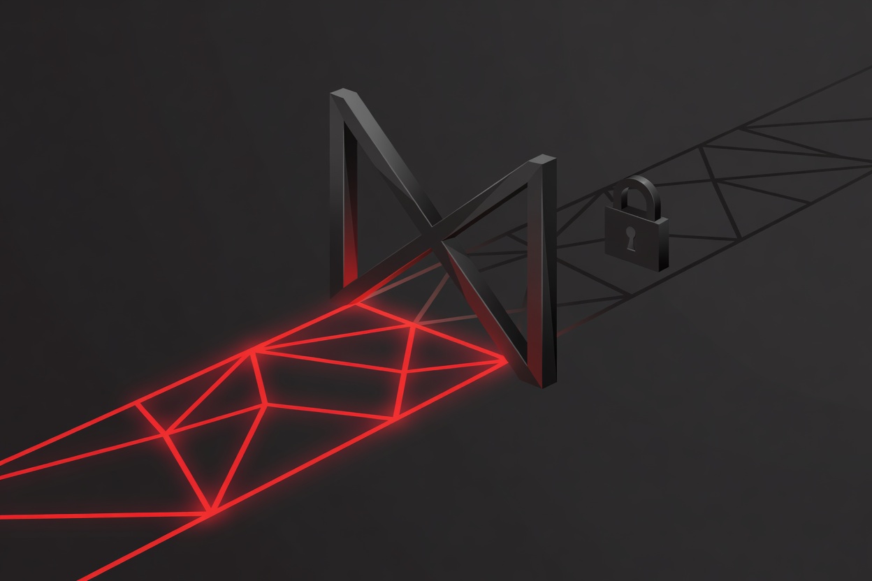 A heavy iron gate splitting a glowing neural network pathway in two — one side open and illuminated, the other locked behind a padlock