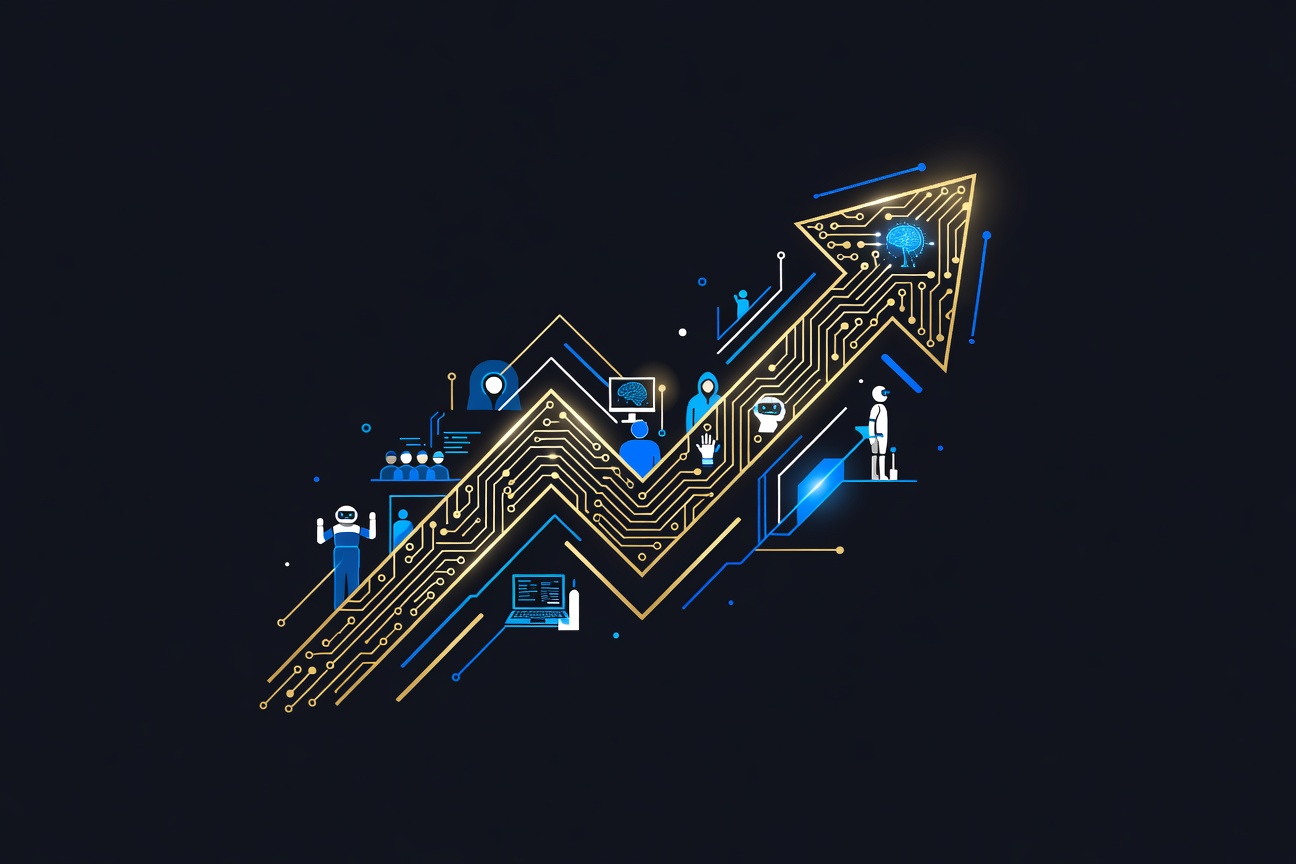 An abstract rising chart or upward arrow composed of circuit board patterns, glowing gold against a dark background, symbolizing AI company IPO and financial growth