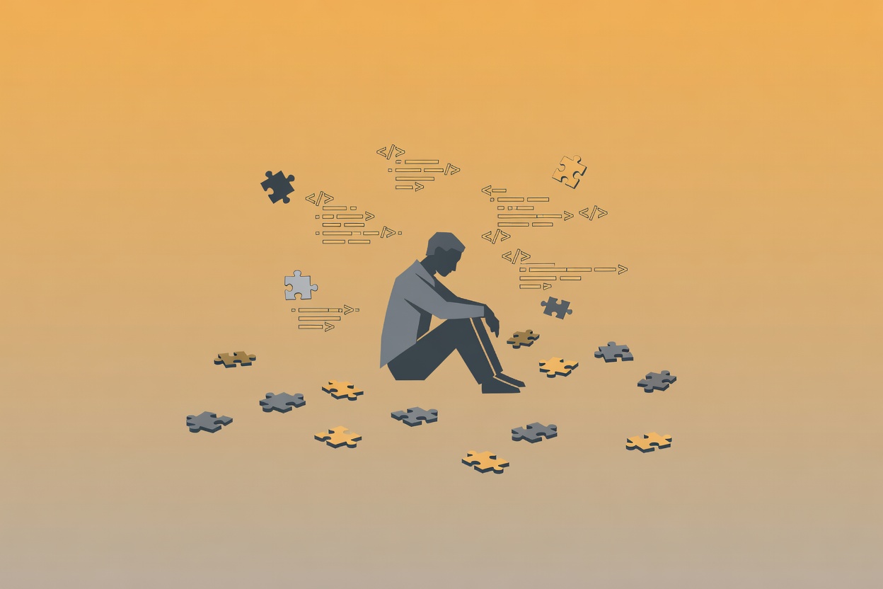 Abstract illustration of a lone figure surrounded by floating code fragments and geometric shapes, representing the isolation of AI-assisted programming