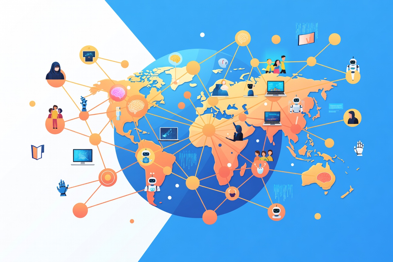 Abstract network of interconnected circles and lines in warm colors, representing global connectivity and collaboration