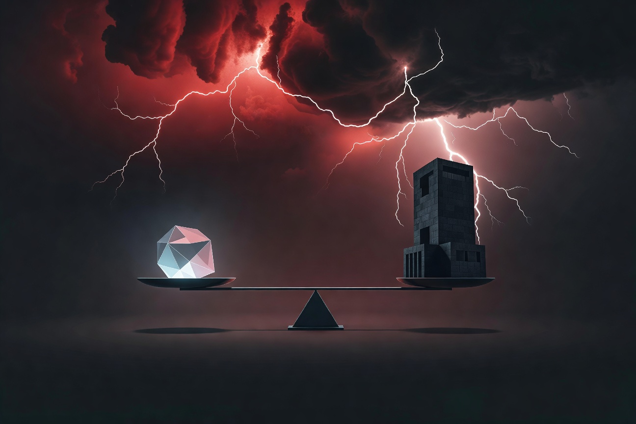 A scale balancing a glowing AI node against a dark stone government building under a stormy sky