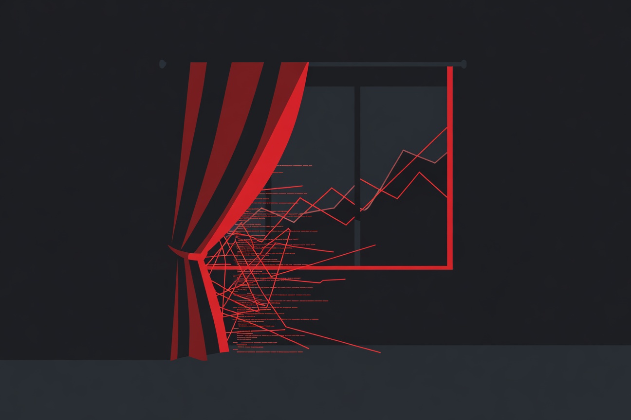 A curtain being pulled back to reveal tangled lines of code, with an ascending chart visible through a window behind it