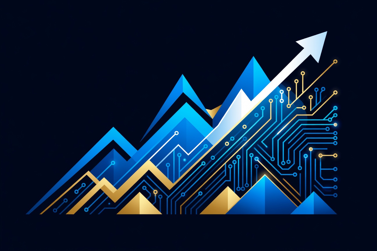 Abstract upward-trending stock market graph merging with a glowing AI circuit pattern