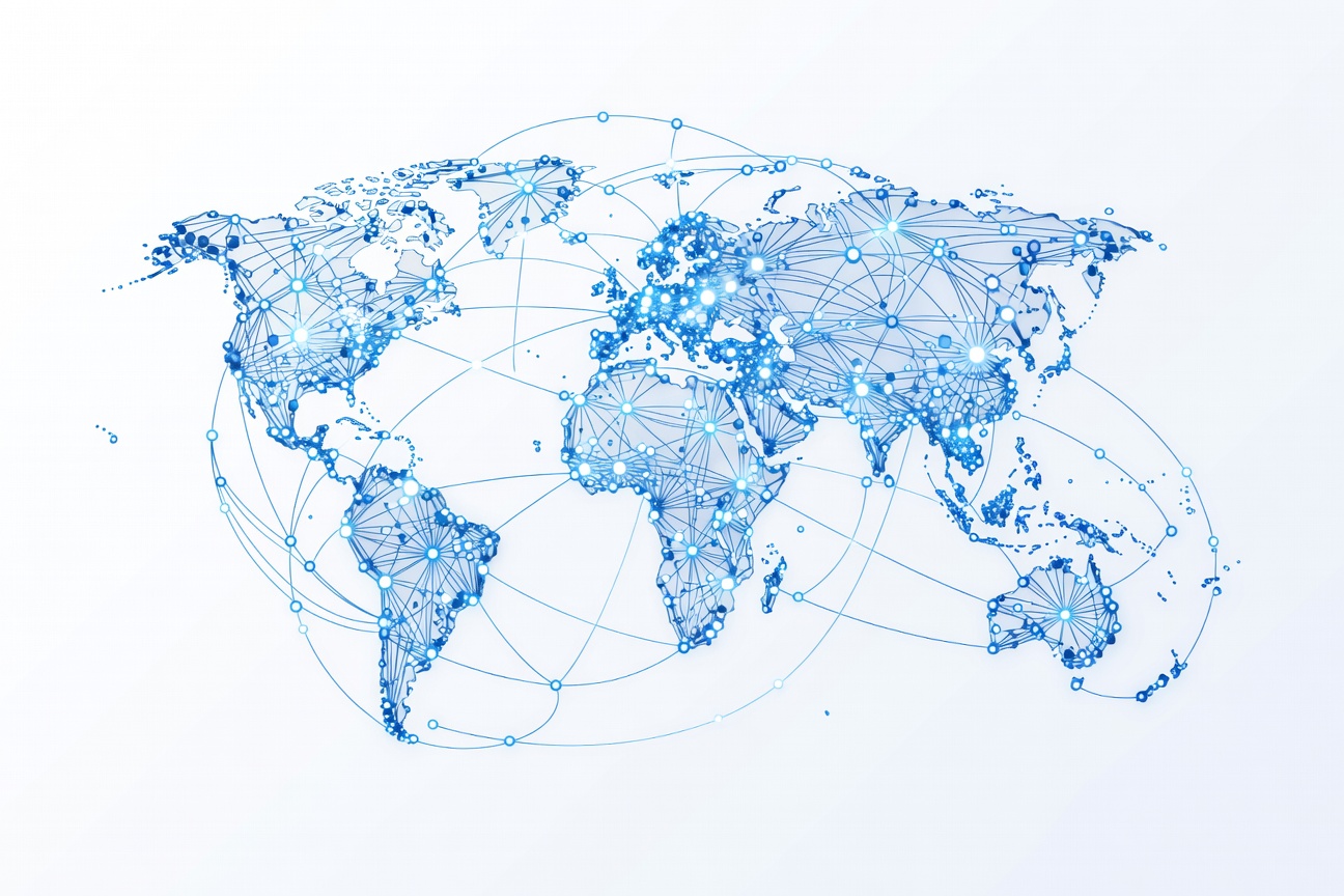 A vast interconnected global network of glowing nodes representing enterprise AI agents deployed across 138 countries