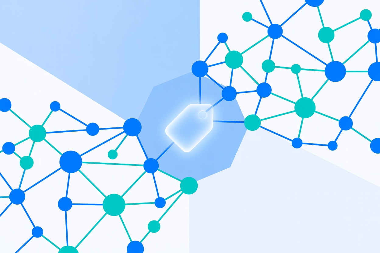 An abstract glowing tag icon suspended in a network of interconnected blue communication nodes
