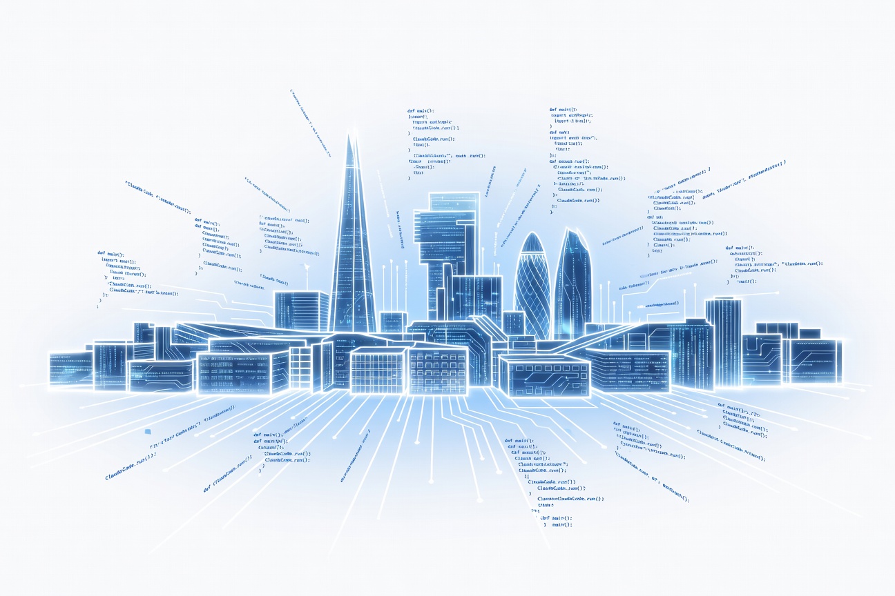 Abstract skyline of London landmarks rendered in glowing circuit lines and code fragments