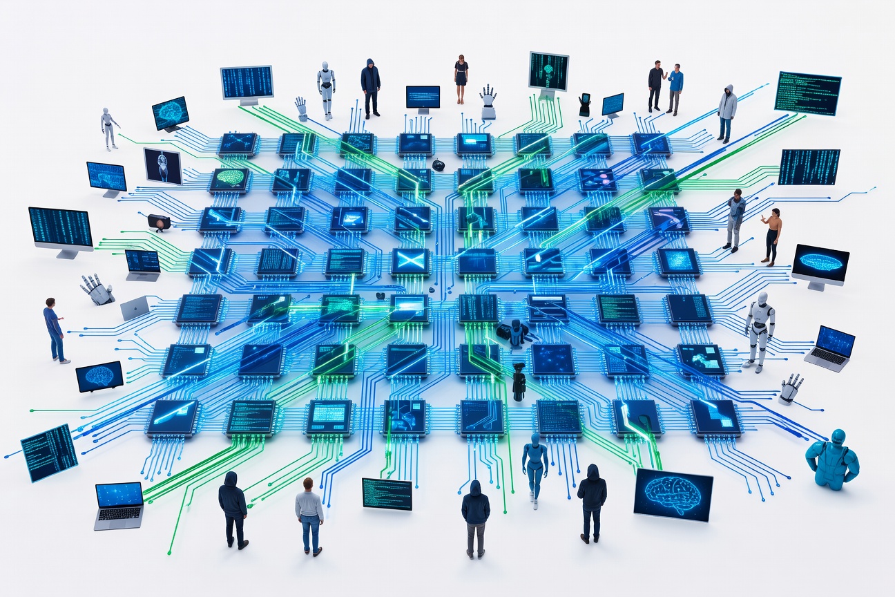 Abstract circuit board with interconnected nodes glowing in blue and green light, symbolizing AI chip infrastructure