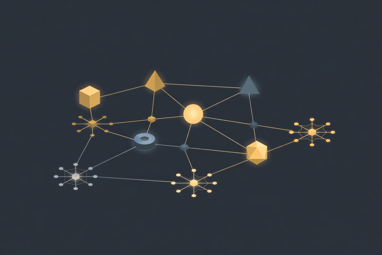 Five glowing geometric nodes connected by luminous pathways in a dark space, each node pulsing with a different color, forming a dynamic network constellation