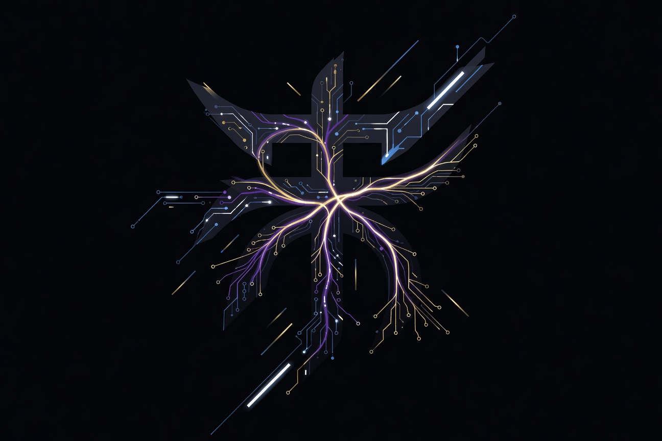 Abstract dark mythology-inspired sigil with circuit-pattern glowing lines, deep purple and gold