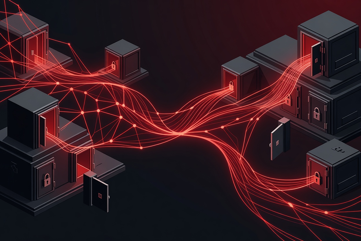 A glowing neural network pattern flowing through layers of security vaults and locked digital doors, symbolizing AI capability penetrating classified infrastructure