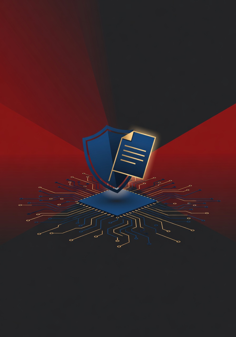Abstract policy document and shield icon intersecting above a glowing AI circuit pattern, rendered in deep blue and gold tones