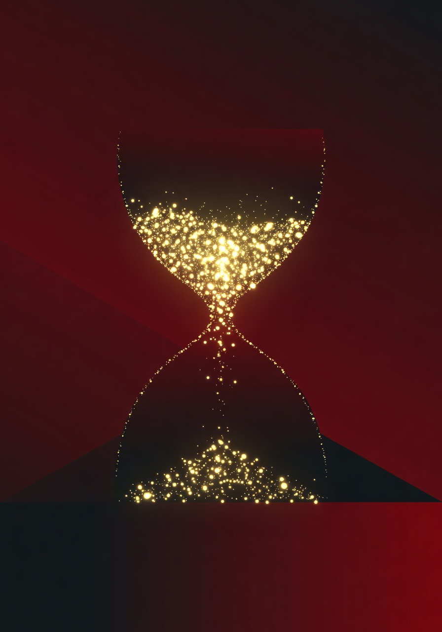 Abstract hourglass shape made of glowing golden particles, lower half nearly empty, upper half still dense with light