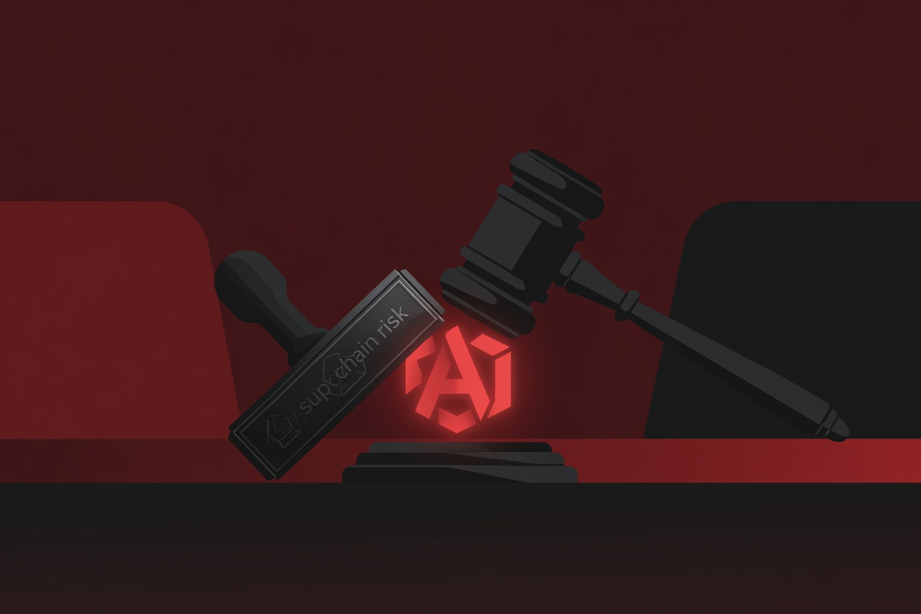 A courtroom gavel blocking a military insignia from stamping a label on a glowing AI symbol