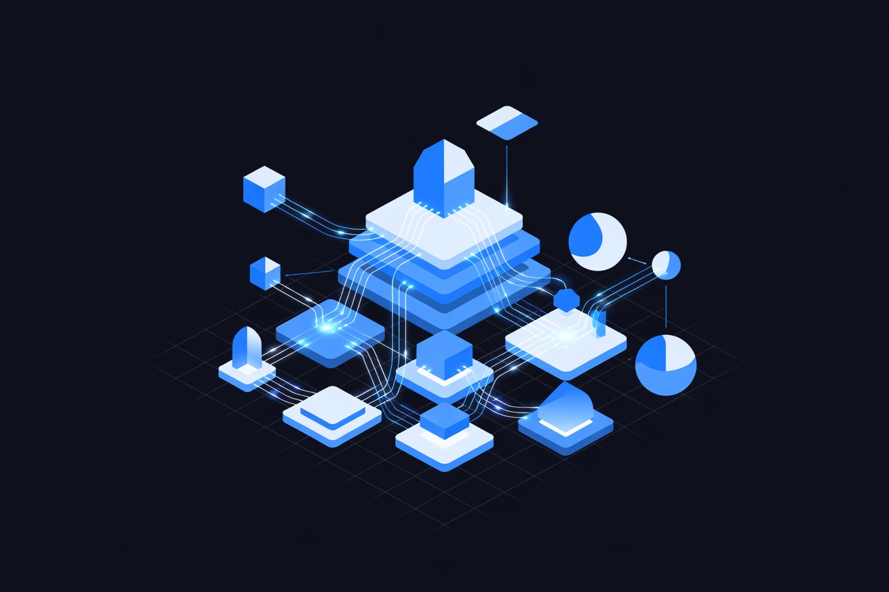 Abstract layered memory nodes connected by glowing filaments over a dark grid, representing persistent AI memory architecture