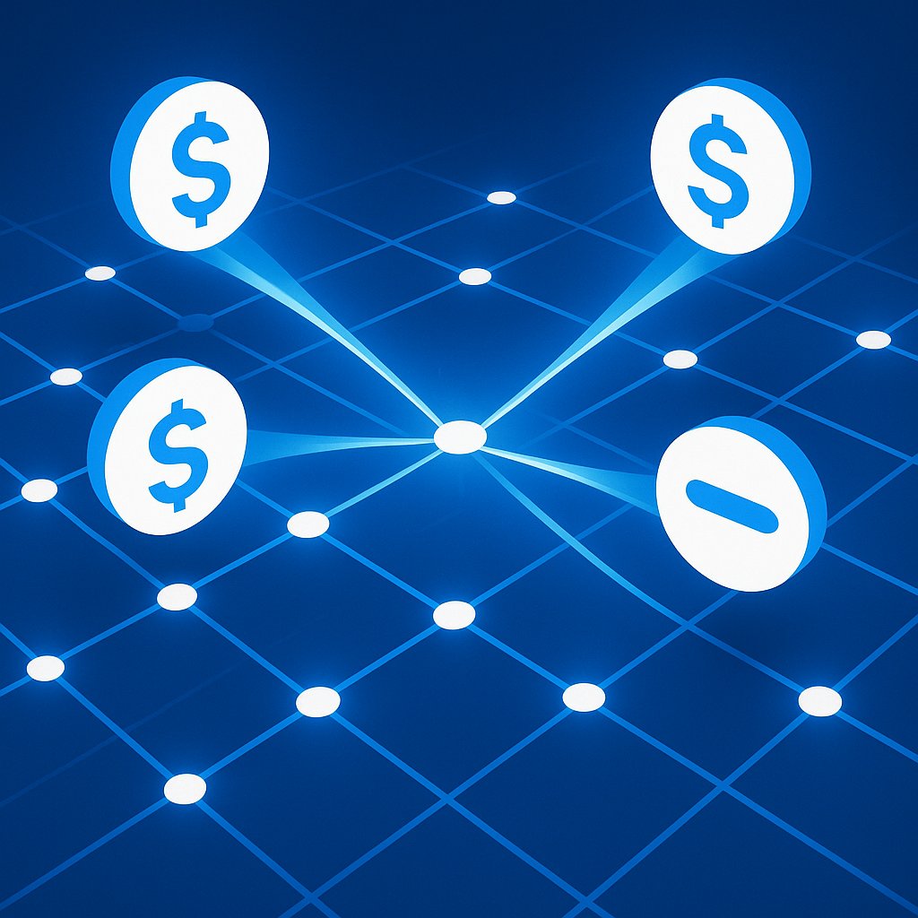 Abstract marketplace grid of glowing nodes exchanging digital tokens, representing AI agent-to-agent commerce