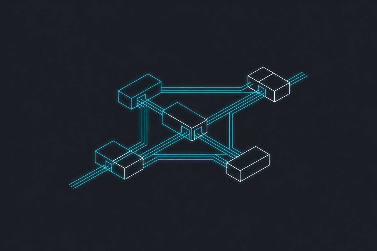 Abstract architectural blueprint of interlocking code modules and parallel agent pathways on a dark workspace background