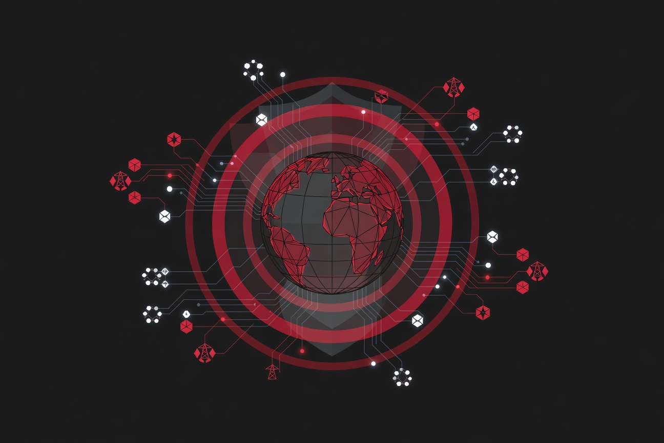 A stylized globe with glowing protective shield layers radiating outward, interconnected nodes representing global critical infrastructure