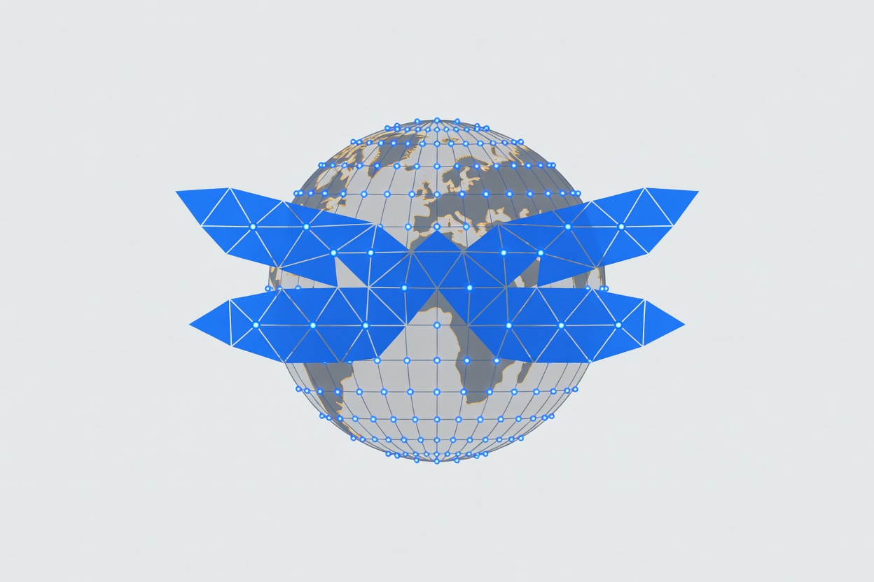 Abstract glowing dragonfly wing pattern overlaid on a cybersecurity grid of interconnected nodes, electric blue on deep navy background