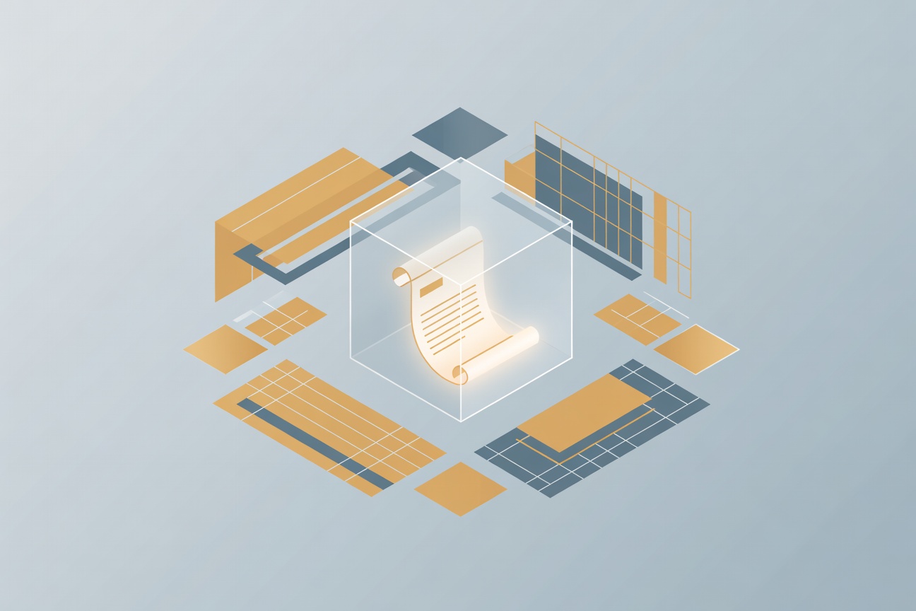 An open transparent glass box containing a glowing document, surrounded by symmetrical geometric shapes representing AI model architecture layers