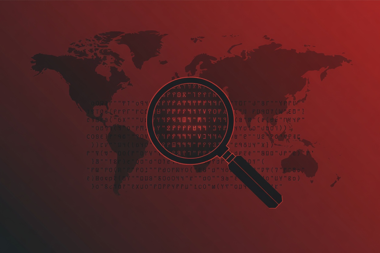 A magnifying glass revealing hidden Unicode characters embedded in a code snippet, with a world map showing China highlighted in the background