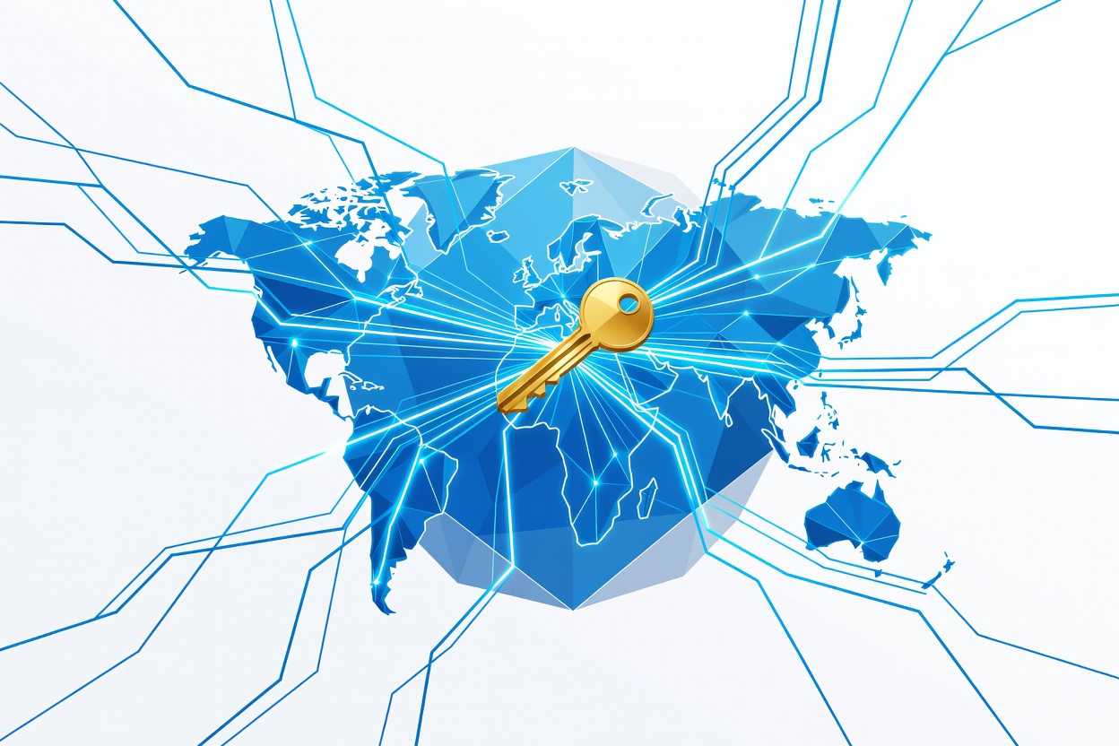 Abstract globe with glowing neural network pathways being unlocked by a digital key