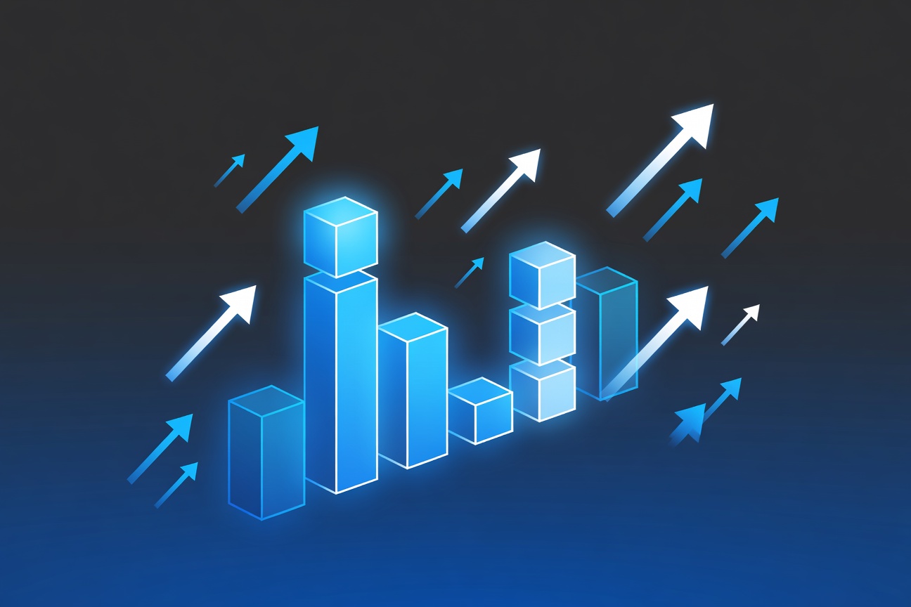 An abstract upward-trending bar chart rendered as glowing geometric shapes, one bar noticeably surpassing another against a dark gradient background