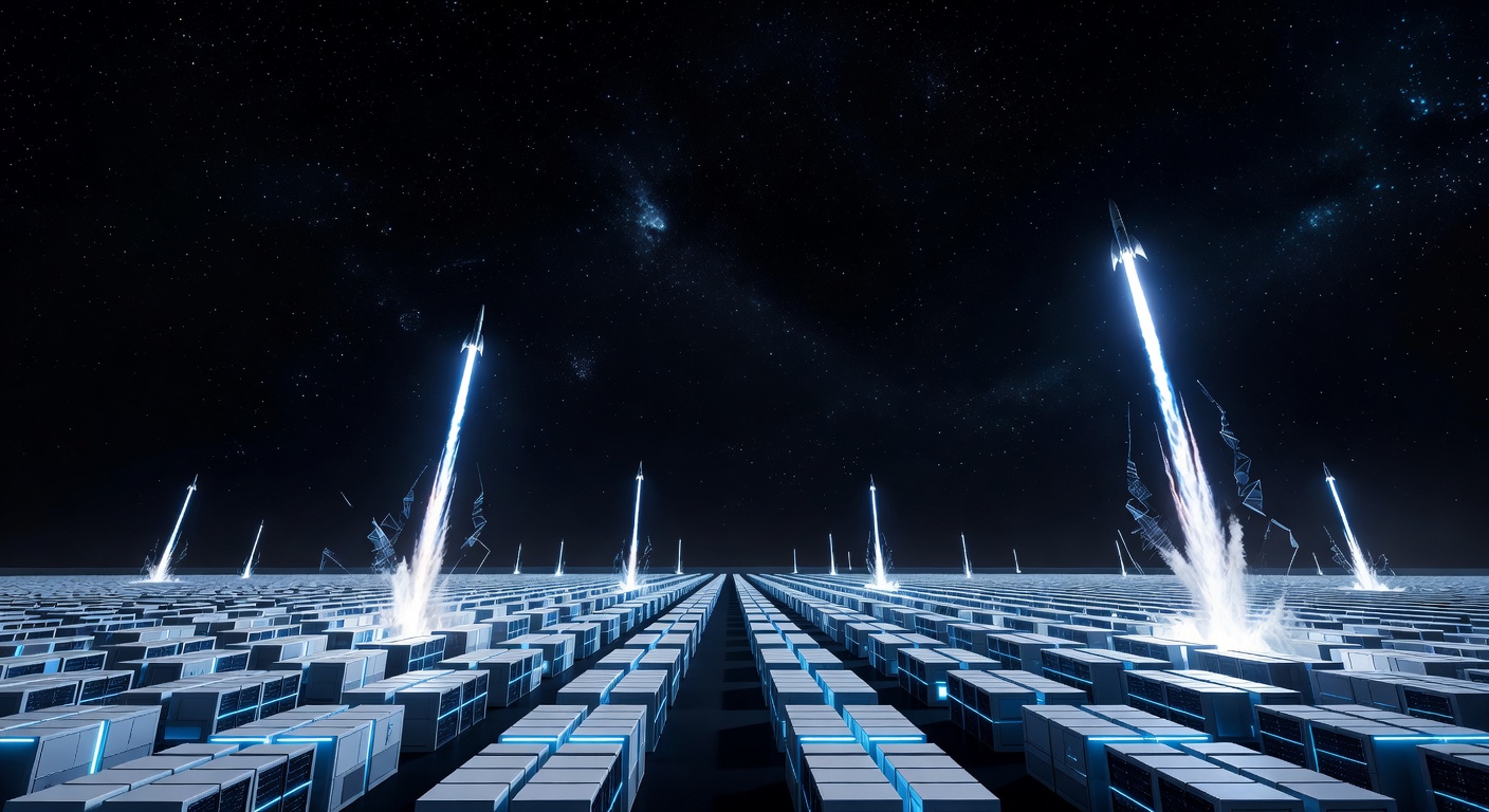 A massive data center complex under a night sky with rocket silhouettes launching overhead