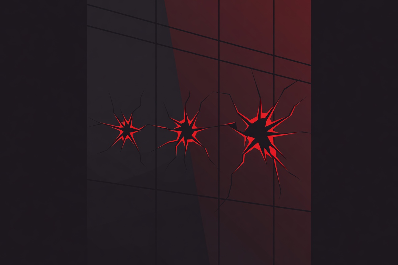 Three identical cracks appearing in sequence on a polished corporate facade, each one slightly larger than the last