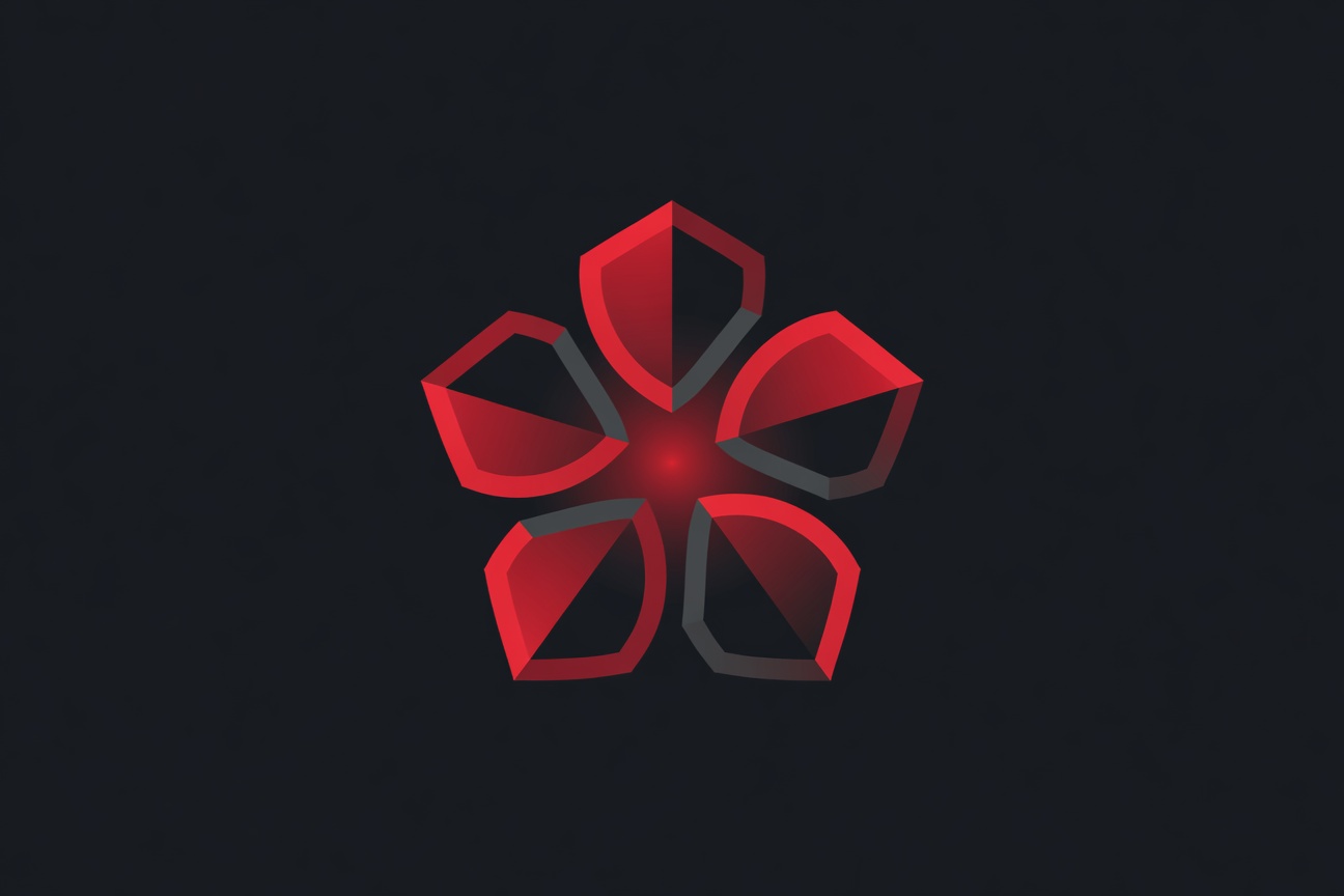 Five interlocking shield segments arranged around a central glowing node, abstract geometric style on dark background