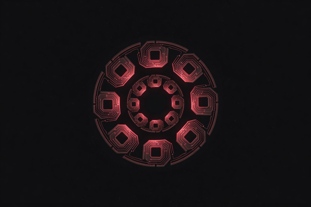 Abstract visualization of recursive loops and self-referencing circuits symbolizing AI self-improvement