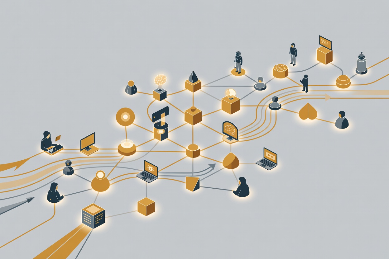 Abstract visualization of interconnected nodes forming an economic network, with glowing pathways representing agent workflows